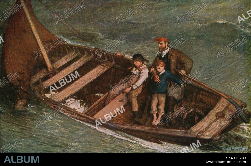 WILLIAM QUILLER ORCHARDSON. 'Toilers of the Sea', 1870, (c1930). Fishermen with their catch in rough seas. The older man holds a young boy close to him as he steers the boat. Illustration to the novel "Toilers of the Sea" by Victor Hugo. Painting in the Aberdeen Art Gallery & Museums collection, Aberdeen, Scotland. From "Modern Masterpieces of British Art". [The Amalgamated Press Ltd., London, c1930].