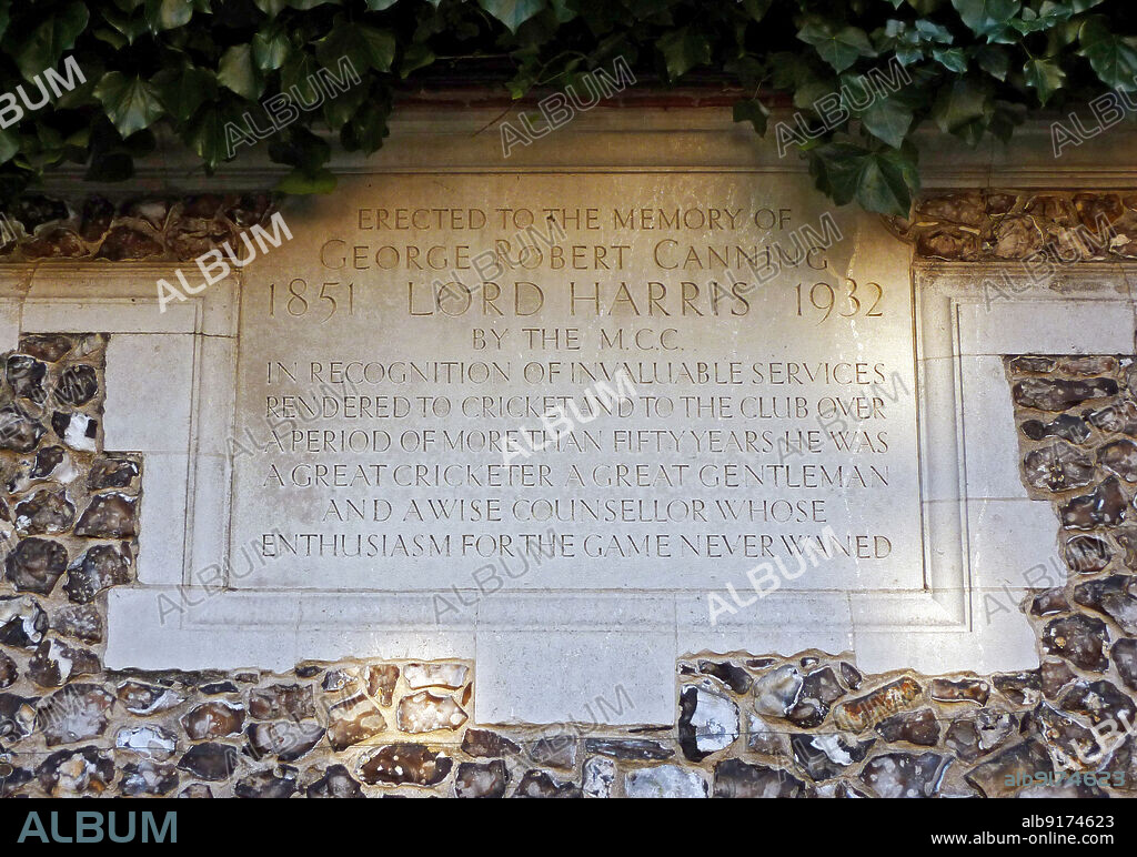 SIMON INGLIS. Lords Cricket Ground, Harris Garden, St John's Wood, City of Westminster, Greater London Authority, 2010. The engraved tablet commemorating Lord Harris in the Harris Garden at Lord's Cricket Ground. The Harris Garden was built by the Marylebone Cricket Club in 1934 in memory of George Robert Canning Harris, Governor of Bombay and amateur cricketer. The tablet on the west wall of the garden reads "Erected to the memory of George Robert Canning, Lord Harris, 1851-1932, by the MCC in recognition of the invaluable services rendered to cricket and to the club over a period of more than fifty years. He was a great cricketer, a great gentleman and a wise counsellor whose enthusiasm for the game never waned.".
