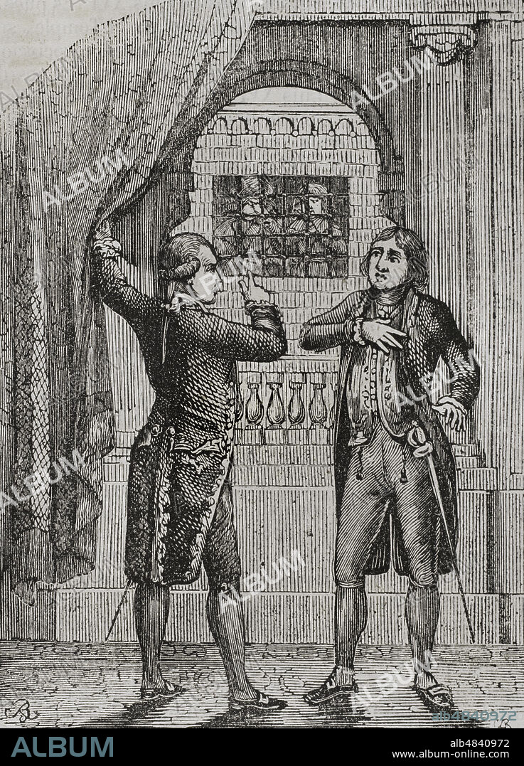 Guerra del Rosellón, también llamada Guerra de los Pirineos o Guerra de la Convención, (1793-1795). Conflicto entre la España de Carlos IV y la Primera República Francesa. Ni Francia ni España podían continurar la guerra, la situación del tesoro no lo permitía. La Convención de Francia nombró a Barthelemy y España a Domingo Iriarte para que, reunidos en Basilea, firmaran la paz. Domingo Iriarte insistió en que el hijo del rey Luís XVI fuese entregado al rey de España. Solicitud de la corte de España en favor de los hijos de Luís XVI. Grabado. "Historia del Levantamiento, Guerra y Revolución de España", por el conde de Toreno. Madrid,1851.