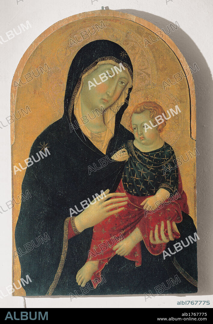 Altarpiece with Madonna and Child, by Niccolo Di Segna, 14th Century,. Italy, Tuscany, Florence, Figline Valdarno, San Bartolomeo a Scampata church. All. Altarpiece Madonna veiled head blue dress clothes garment holding Baby Child Jesus red dress clothes garment blue mantle cloak.
