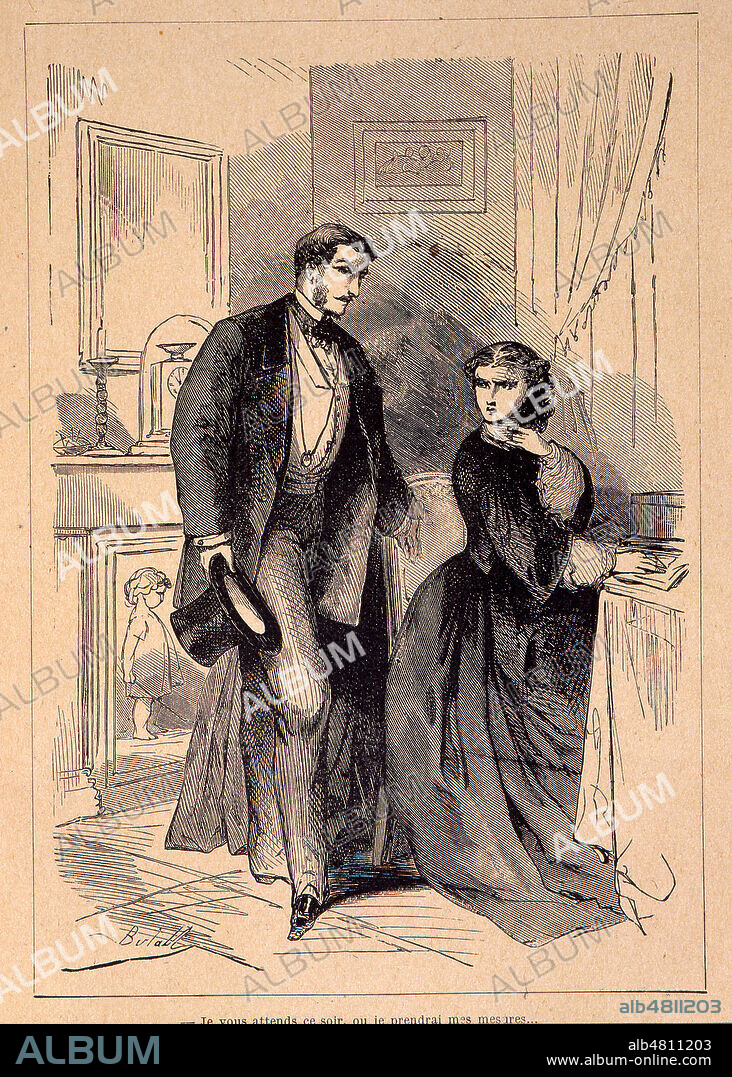 Au Bonheur des Dames : 'Je vous attends ce soir ou je prendrais des mesures' (Octave Mouret, le patron amoureux d'une de ses demoiselles de magasin, Denise Baudin, qui se refuse encore a lui par honnetete) par BERTALL (1820-1882) in Au Bonheur des Dames, Fasquelle, 1906. Credit: Collection Kharbine-Tapabor.