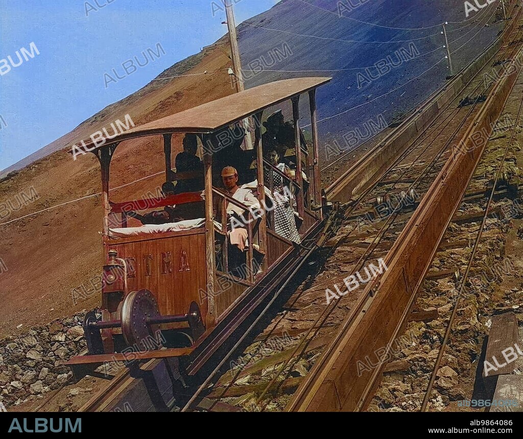 Funicular railway, Funicolare vesuviana, with people on the track on the flanks of Vesuvius, 1890, Naples, Italy, Historic, digitally restored reproduction of a photograph by Giorgio Sommer, coloured
