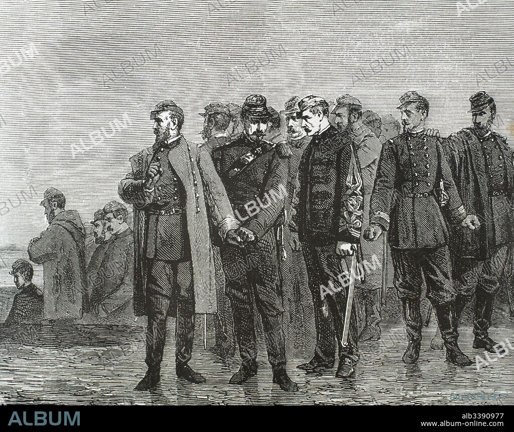 Guerra Franco-Prusiana (1870-1871). Conflicto armado motivado por las pretensiones hegemónicas sobre Europa del Segundo Imperio Francés y de Prusia. Entre agosto y octubre de 1870, los franceses sufrieron en Metz un cerco que finalizó con la capitulación del general Bazaine y sus tropas. Los franceses frente a Metz. Grabado de "Historia Universal", 1881.