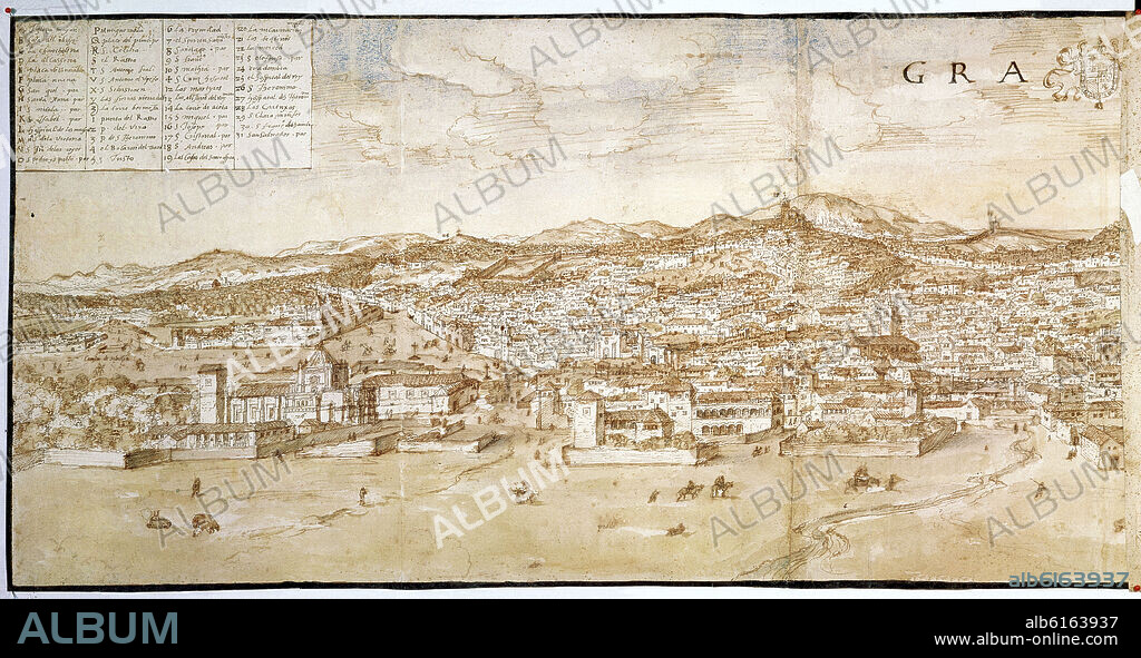 ANTON VAN DEN WYNGAERDE 1512 O. GRANADA-1567-DIBUJO-AGUADA-SEPIA-420x1572mm-URBANISMO RENACENTISTA.