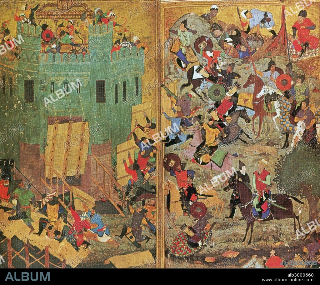 15th century miniatures show Tamerlane besieging the Hospitalers' castle at Smyra an ancient city located at a central and strategic point on the Aegean coast of Anatolia. The drawbridge has been raised, but the Muslim troops have made another bridge on the right. Soldiers with wooden shields rush the wall. In the upper right corner a mine is being dug. In the lower right Tamerlane, in red, is on horseback. Smyrna had been captured from the Turks by the Knights of St. John (the Hospitallers) in 1344, and since then had resisted a number of Ottoman assaults. The siege only lasted for fifteen days. During that time Tamerlane's men blocked the harbour entrance with stones, preventing any more reinforcements from arriving, while the walls were pounded by siege engines and undermined. Finally, in December 1402 the city fell to an assault. As was almost always the case when he took a city by storm, Tamerlane ordered a massacre of the population and destroyed the fortifications. Timur (1336-1405), historically known as Tamerlane, was a Turk who conquered West, South and Central Asia, and the founder of the Timurid dynasty. He is regarded as a military genius and a tactician whose prowess made him one of the world's great conquerors.