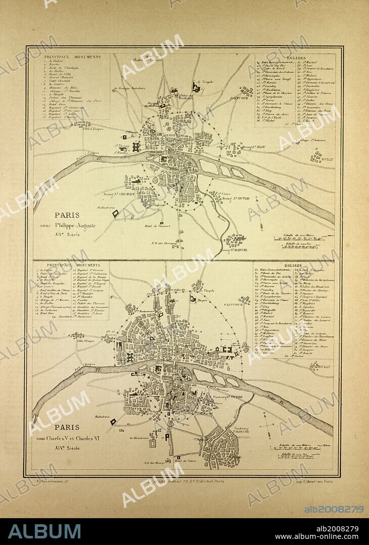 MAP OF PARIS IN THE 12TH CENTURY AND IN THE 14TH CENTURY, FRANCE.