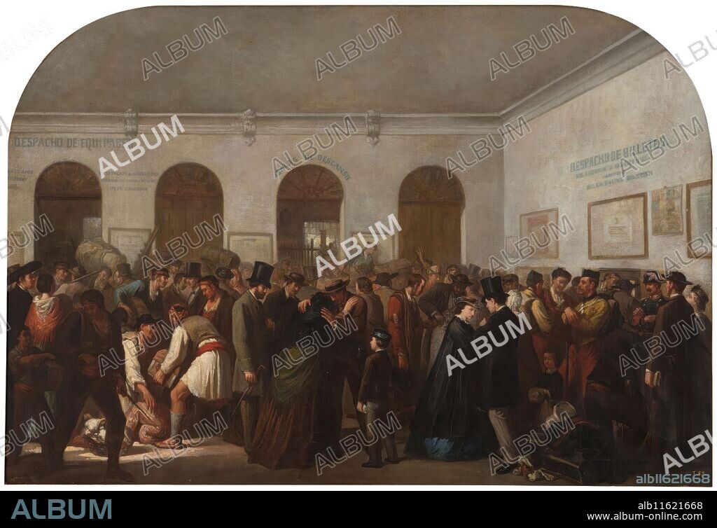 TOMÁS PADRÓ PEDRET. Tomás Padró y Pedret / 'Estación de ferrocarril momentos antes de salir un tren'. Hacia 1862. Óleo sobre lienzo, 112 x 162 cm.