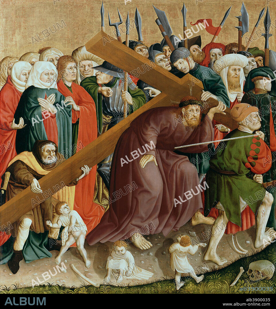 HANS MULTSCHER. Die Kreuztragung Christi; Flügel-Innenseite des Wurzacher Altars (links unten) / Jesus Christ Bearing the Cross; The Wings of the Wurzach Altar (lower left). Date/Period: 1437. Painting. Oil on fir. Height: 150 cm (59 in); Width: 140 cm (55.1 in).