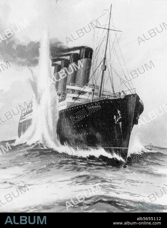 WWI / Naval Warfare. British ocean liner Lusitania, launched by the Cunard Line in 1906. On the afternoon of 7 May 1915, while on its return journey from the US to Liverpool, a German U-boat torpedoed Lusitania off the southern coast of Ireland. Of the 1,962 passengers and crew aboard Lusitania at the time of the sinking, 1,198 lost their lives. "Der Untergang der Lusitania" (The sinking of the Lusitania). Print, from watercolour by Carl Engelien. From: Our Marines in the World War 1914-1918, editor: E. von Mantey, 1927, p. 341.