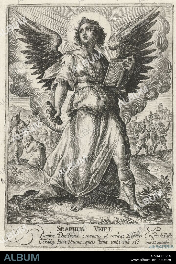Archangel Uriel stands with a book in his left hand and a rolled up sheet of paper in his right hand. In the left background, Uriel is rebuking the priest Ezra. In the background on the right, the two disciples meeting Christ on their way to Emmaus. In the margin a two-line caption in Latin. Print from a series featuring archangels, Archangel Uriel Sraphim Vriel (title on object) Archangels (series title), print maker: Crispijn van de Passe (I), Crispijn van de Passe (I), (mentioned on object), publisher: Crispijn van de Passe (I), (mentioned on object), unknown, 1574 - 1637, paper, engraving, h 144 mm × w 100 mm.
