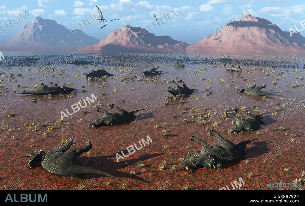 A herd of dead Centrosaurus dinosaurs killed by a flash flood during Earth's Cretaceous Period.