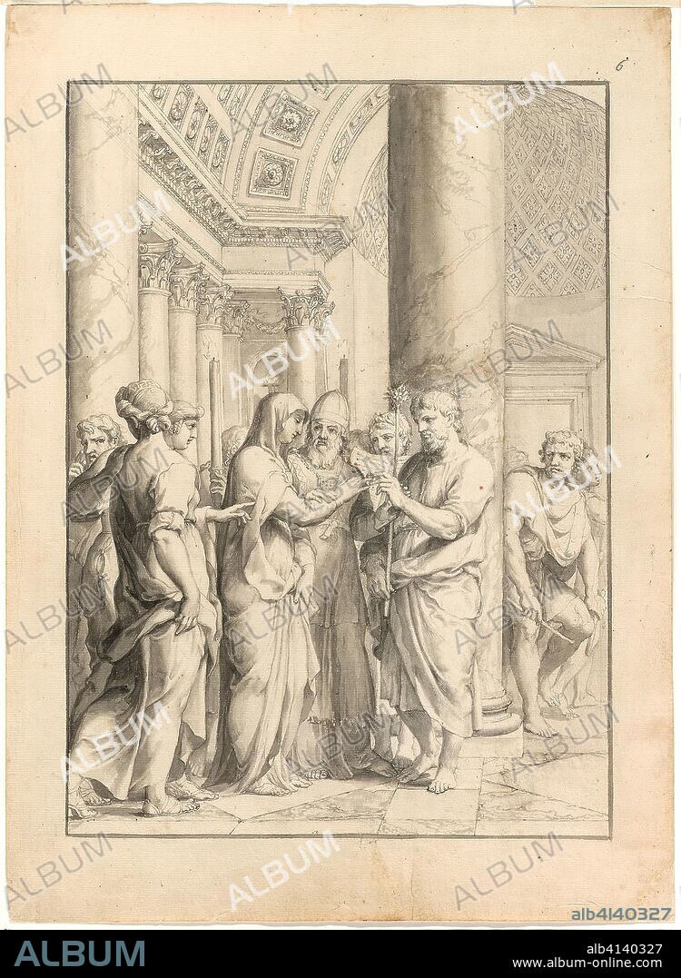 Marriage of the Virgin. Jacques Stella; French, 1596-1657. Date: 1635-1645. Dimensions: 367 × 267 mm. Pen and black ink, with brush and gray and pale brown wash and graphite, on pieced cream laid paper (two figures before column are cut from a similar paper and inserted over a slightly smaller hole in the primary support). Origin: France.