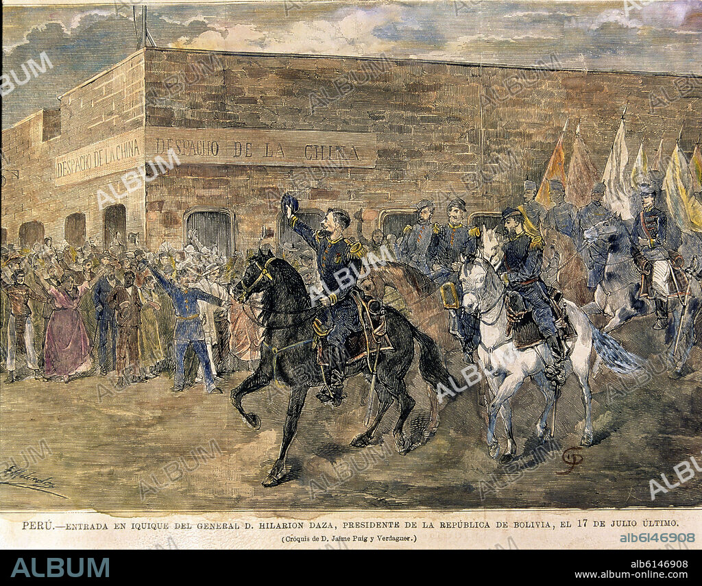 MELÉNDEZ. General Hilarion Daza entering the city of Iquique in Chile, 1879. War of the Pacific.