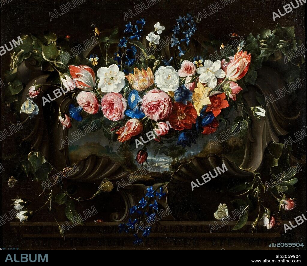 Juan de Arellano / 'Festoon of Flowers with Cartouche Surrounding a Landscape', 1652, Spanish School, Oil on canvas, 58 cm x 73 cm, P02508.