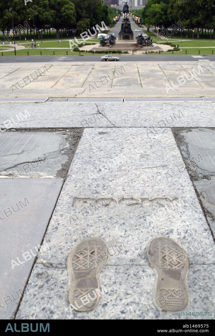 United States. Pennsylvania. Philadelphia. Rocky Steps monument. Footprint. Entrace of Philadelphia Museum of Art.