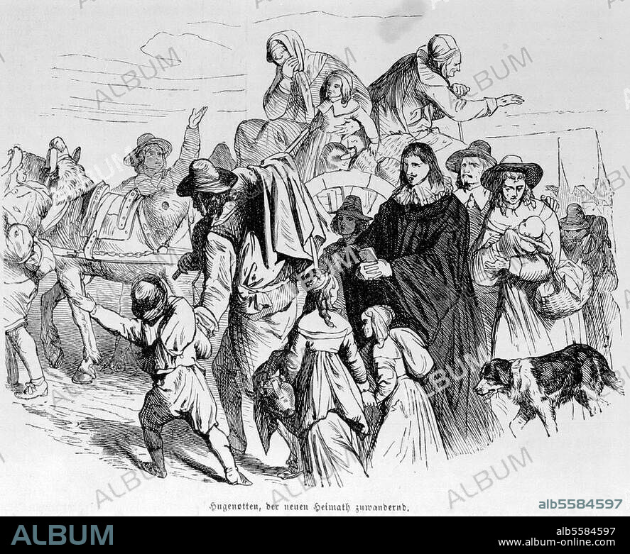 ANONYM. Edikt von Potsdam, 29. Oktober 1685:. Der Große Kurfürst Friedrich Wilhelm von Brandenburg erlaubt den aus Frankreich geflohenen Hugenotten die Ansiedlung. "Hugenotten auf dem Weg in die Mark Brandenburg". Holzstich, um 1860.