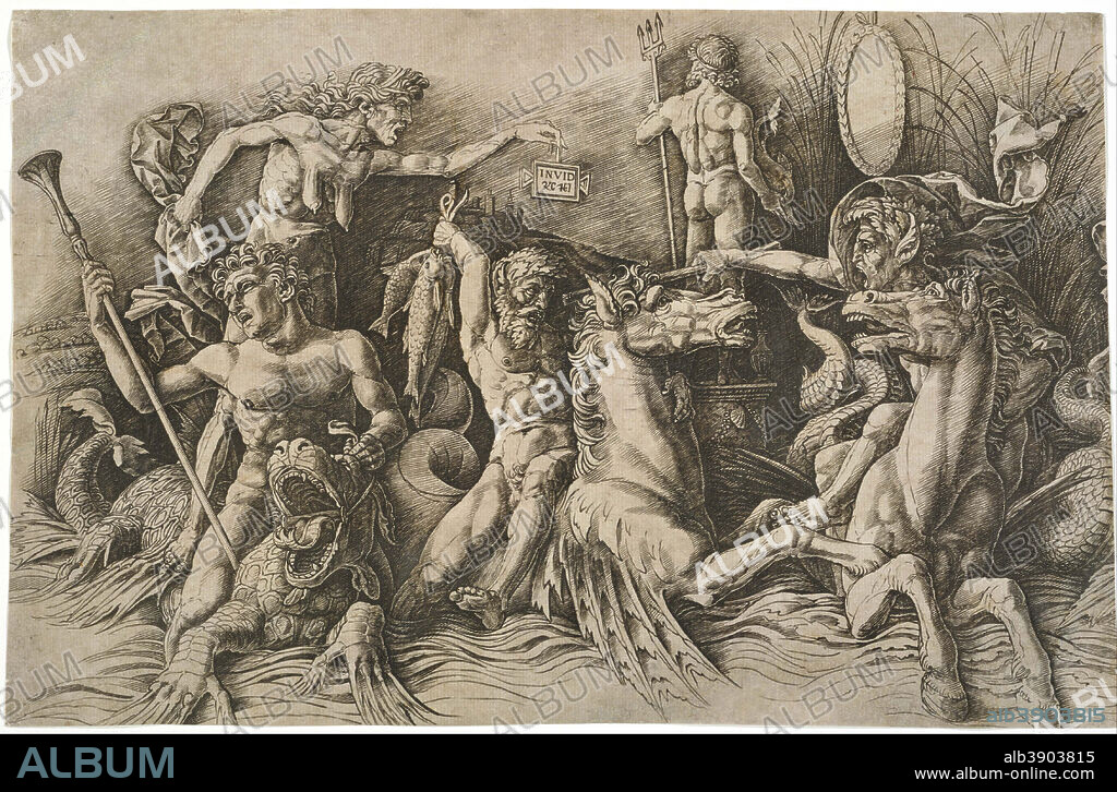 ANDREA MANTEGNA. The Battle of the Sea Gods (the Left Half). Date/Period: Ca. 1475. Print. Engraving and drypoint Engraving and drypoint. Height: 276 mm (10.86 in); Width: 329 mm (12.95 in).