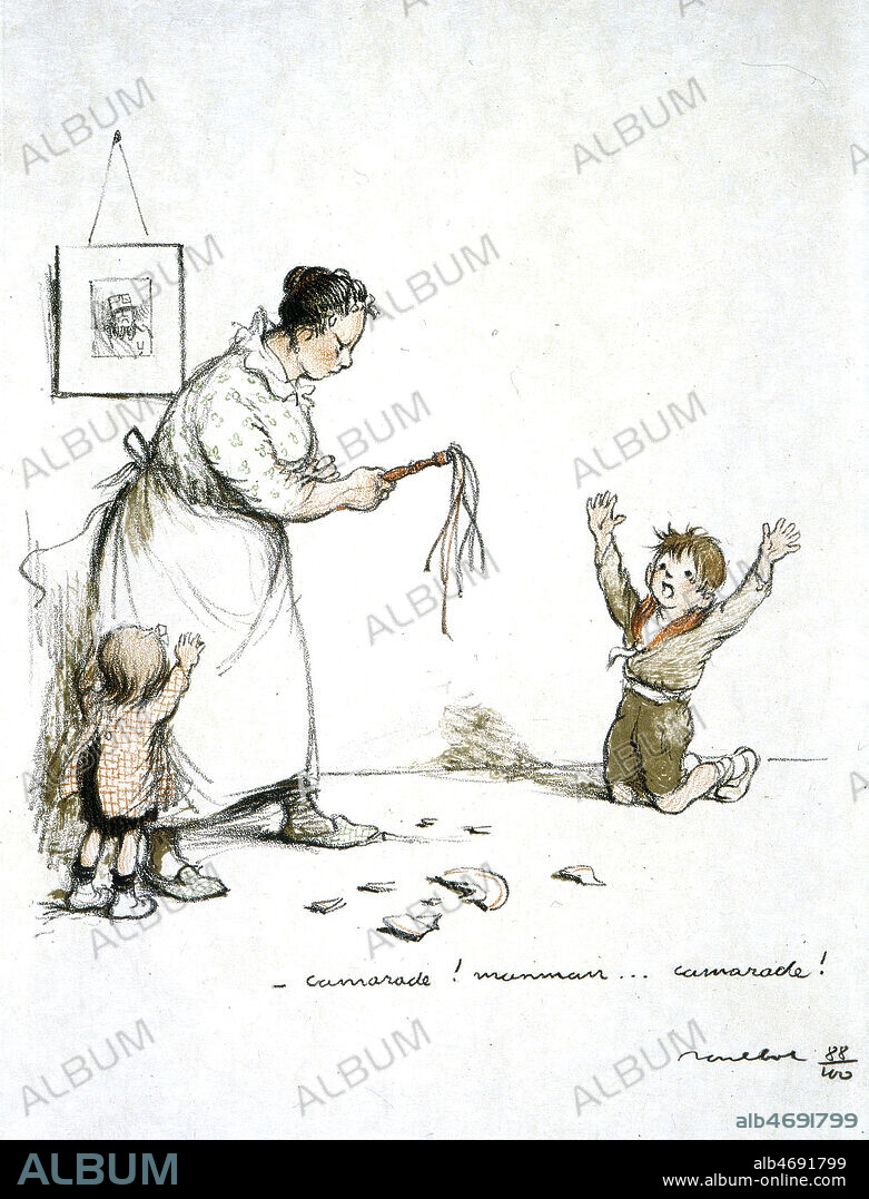 FRANCISQUE POULBOT. 'Camarade... maman ! Camarade !' Un enfant singeant un soldat allemand qui se rend a l'ennemi, a genoux, les bras leves, devant sa mere qui tient un martinet. Dessin de POULBOT (1879-1946) faisant partie d'une serie realisee en 1915, sur la premiere guerre mondiale... Credit Collection KHARBINE TAPABOR.