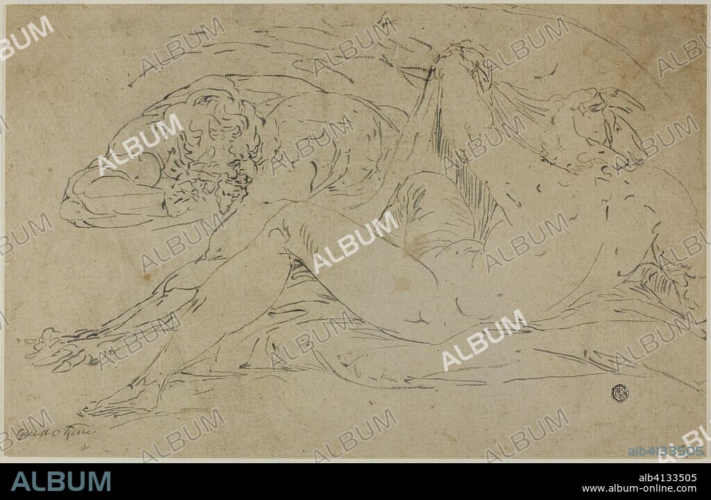 Nymph and Satyr. Follower of Luca Cambiaso; Italian, 1527-1585. Date: 1560-1585. Dimensions: 263 x 408 mm. Brush and gray ink with traces of pen and brown ink, on buff laid paper, laid down on ivory laid paper. Origin: Italy.