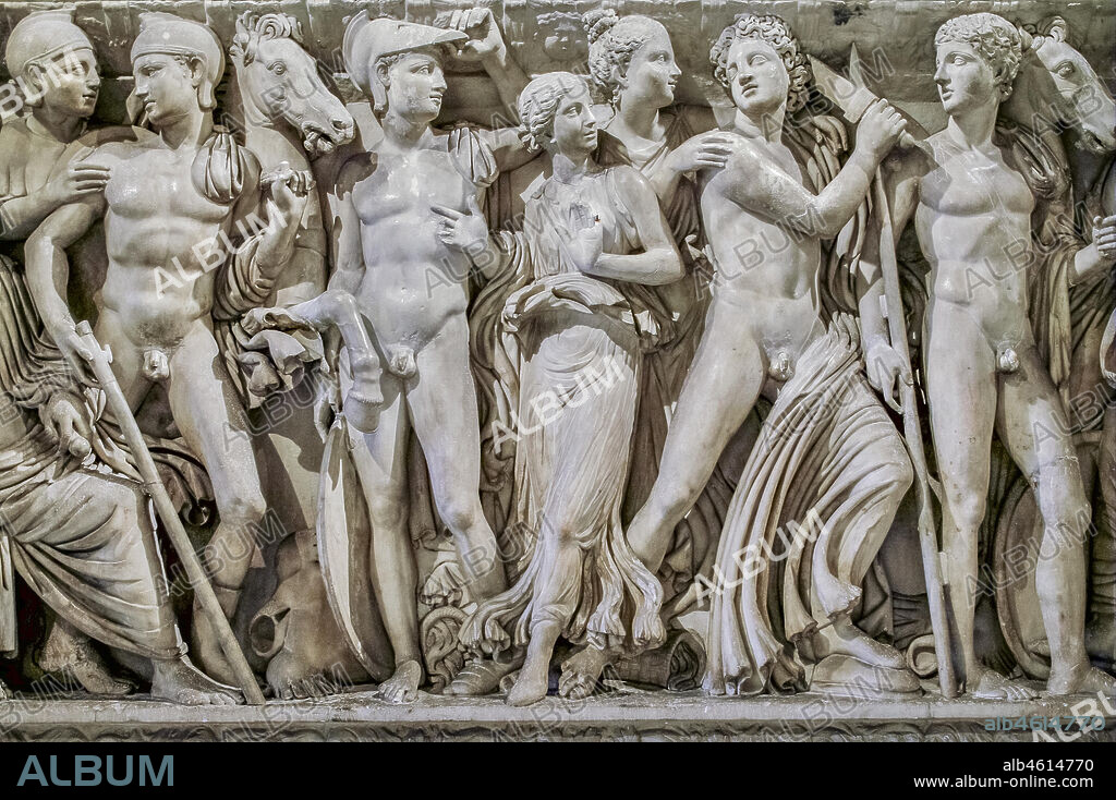 Rome, Capitoline Museums: marble sarcophagus representing scenes of Achilles' life, 3rd Century AD.. Detail.