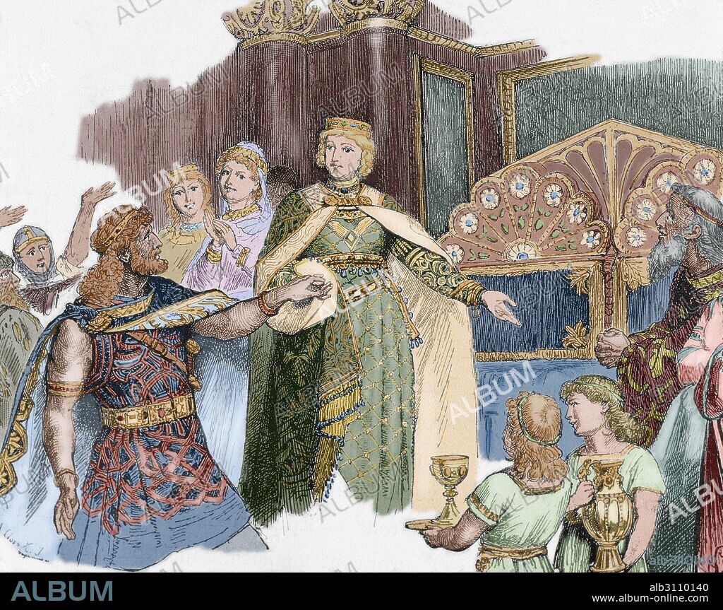 TEODELINDA (570-m. Varenna, Italia, 628). Reina de los lombardos. Hija del duque Garibaldo I de Baviera. "TEODELINDA ELIGE POR ESPOSO A AGILULFO, DUQUE DE TURIN, EN EL AÑO 591". Grabado del año 1882. Coloreado.