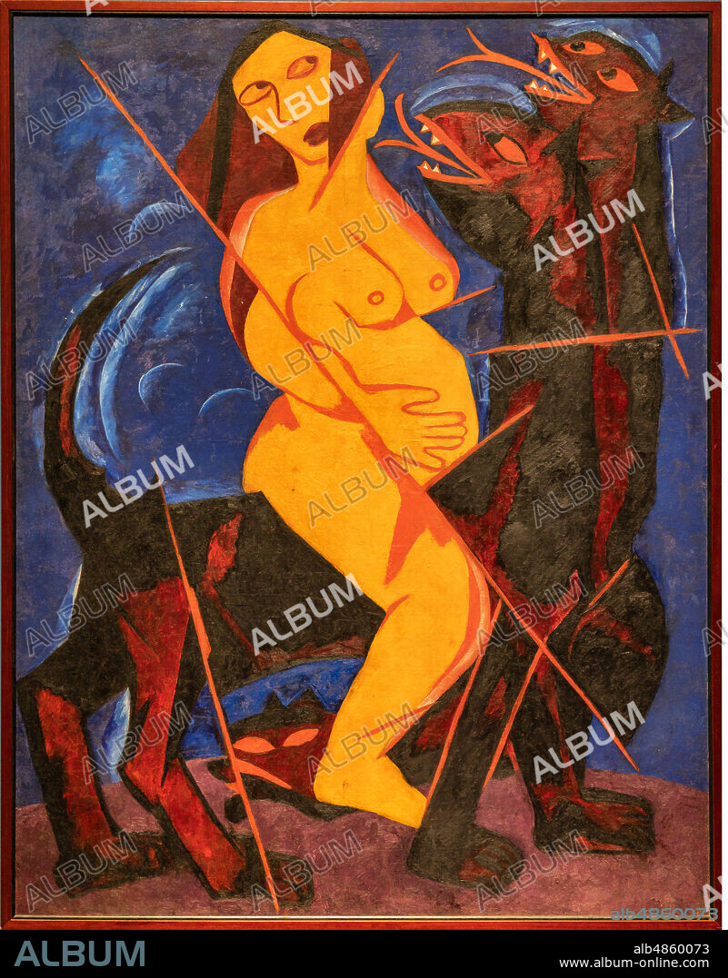 Natalia Goncharova: "The Maiden on the Beast", 1911, oil painting on canvas. One of the seven paintings of the polyptych "Harvest".