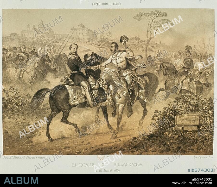 Upper Italy / Piedmont Wars and France against Austria, 1859 / Preliminary peace of Villafranca, 11 July 1859. "ENTREVUE DE VILLAFRANCA". (Meeting of Napoleon III and Franz Joseph I on 10 July). Crayon lithograph, contemporary, after a drawing by René de Moraine (born 1816). from a series: Expédition d'Italie. Paris, Bibliothèque Nationale.
