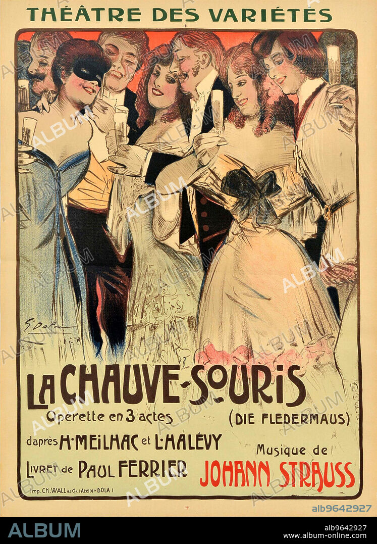 GEORGES DOLA (EDMOND VERNIER). Poster for the operetta Die Fledermaus (The Flittermouse or The Revenge of the Bat) by Johann Strauss.