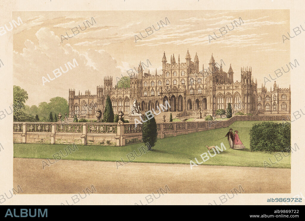 Eaton Hall, Cheshire, England. Gothic mansion designed by William Porden with turrets, pinnacles, arched windows, towers and flying buttresses for Robert Grosvenor, 1st Marquess of Westminster. Colour woodblock by Benjamin Fawcett in the Baxter process of an illustration by Alexander Francis Lydon from Reverend Francis Orpen Morriss A Series of Picturesque Views of the Seats of Noblemen and Gentlemen of Great Britain and Ireland, William Mackenzie, London, 1880.