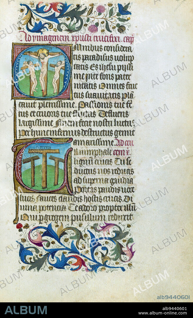 Book of Hours, Top: Crucifixion with thieves; Bottom: Three tau-crosses, This book was created ca. 1460-70 CE in Bruges by the workshop of Willem Vrelant for an English patron, as suggested by the many English saints included in the calendar. The manuscript is heavily illuminated and contains thirty historiated initials, some with unusual themes, such as Christ's wounds and the Murder of St. Thomas Becket. While the number of illuminations is large, their execution is fairly standard. The Hours of the Virgin cycle is expanded at Lauds with an inserted Hours of the Cross section, which results in a complex quire structure.