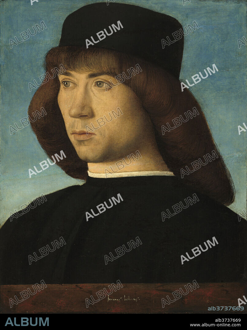 GIOVANNI BELLINI. Portrait of a Young Man. Dated: c. 1490. Dimensions: painted surface: 30 x 23 cm (11 13/16 x 9 1/16 in.)  original panel: 30.9 x 24.8 cm (12 3/16 x 9 3/4 in.)  overall (with wood strips added in 1944): 32.9 x 27.1 cm (12 15/16 x 10 11/16 in.)  framed: 55.56 x 53.98 x 6.19 cm (21 7/8 x 21 1/4 x 2 7/16 in.). Medium: oil on poplar panel.