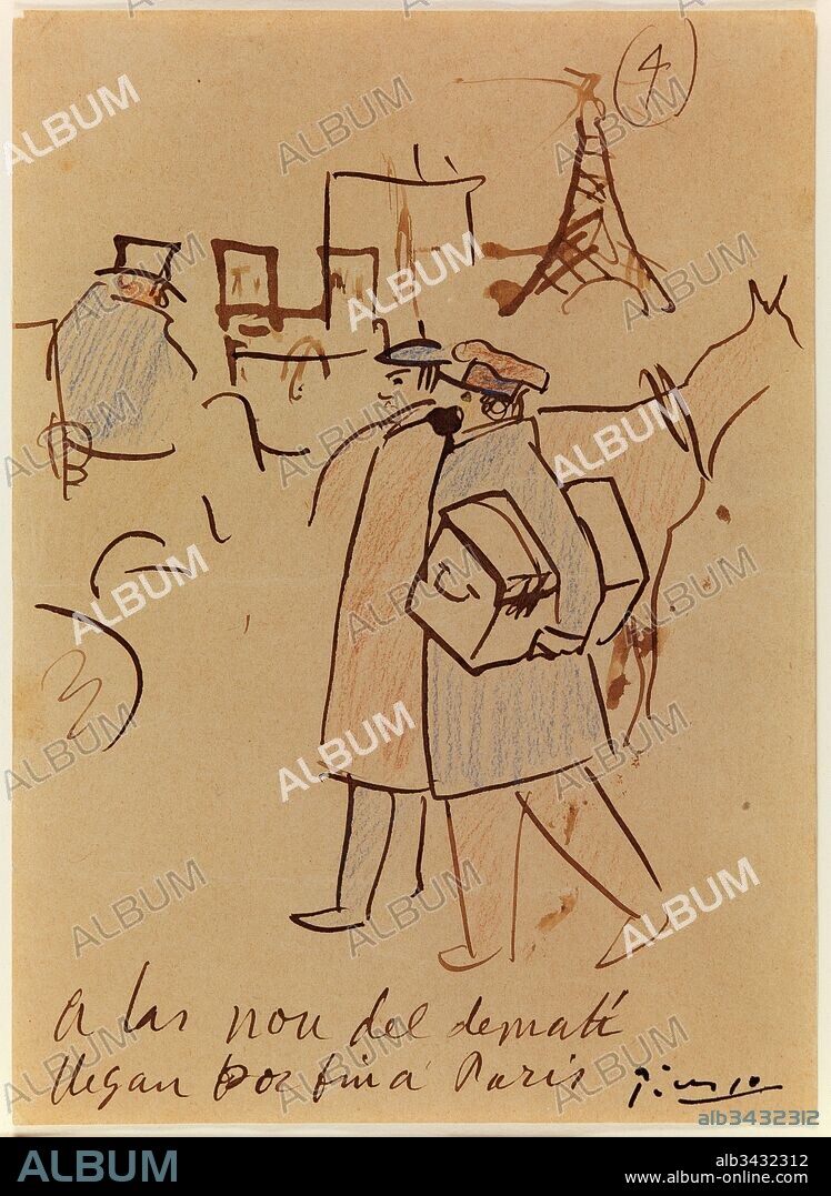 Pablo Picasso / "Picasso and Junyer i Vidal arrive in Paris", 1904, Drawing on paper (ink, pen, colored pencils), 22 x 16 cm, MPB 70806.