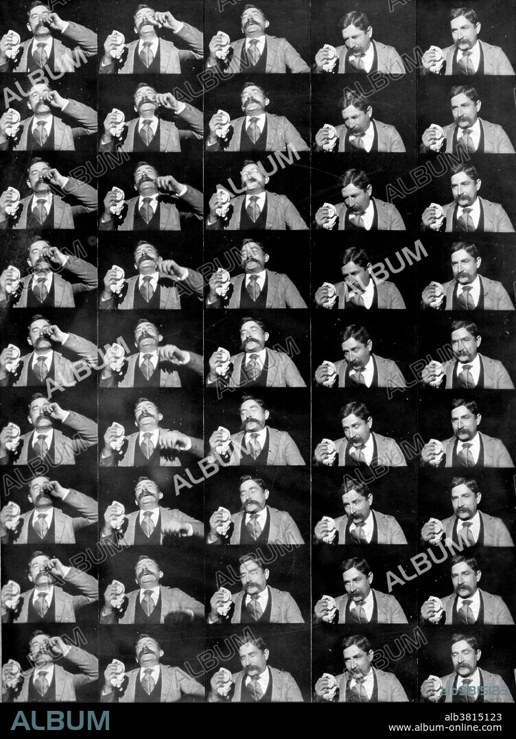 Entitled: "Fred Ott's sneeze" consists of a series of 45 frames for a movie showing a man, Fred Ott, sneezing. This photographic print mounted on card stock is the earliest surviving "motion picture" registered for copyright at the Library of Congress, received on January 9, 1894. Colloquially known as "Fred Ott's Sneeze" for its star (an Edison engineer), the photo represents the dawn of filmmaking in America while remaining something of an historical accident. In 1894 there was no provision in the copyright law for the registration of motion picture film - the format still being in the process of invention and refinement - but, fortunately, the Copyright Office allowed the Kinetoscopic Record of a Sneeze to be registered as a photograph. Photographed by William Kennedy-Laurie Dickson, January 9, 1894.