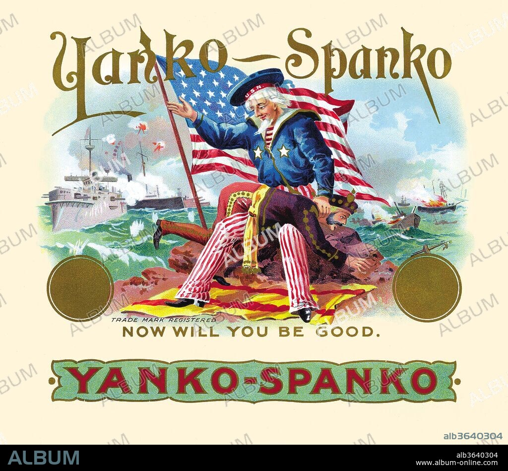 What good stuff for the patriotic smoker of 1898! Uncle Sam, wearing a sailor's cap and defiling the Spanish flag, spanks a mutton-chopped embodiment of Iberian imperialism. Simultaneously in the background, the U.S. Navy metes out punishment to the Spanish fleet. In the early 20th century, tobacco was in great demand. Many companies issued products, like cigars, into the marketplace. To differentiate their brand, they hired artists to design fancy labels for the boxes and the cigars themselves. Many names were also given to these brands and often these names were take from current events, history, or people. This label is an example of the art of the period., F. Heppenheimer's Sons Litho, 1898.