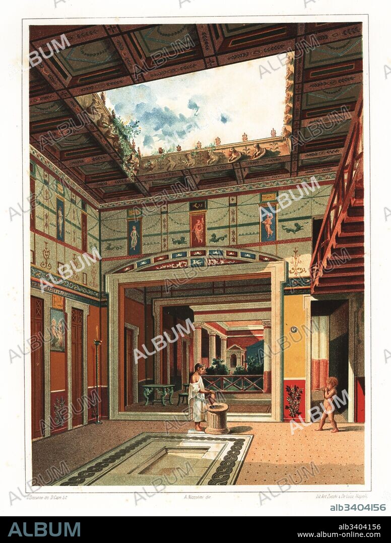 House of the Tragic Poet, Pompeii VI.8.5. Slave boy filling an amphora at the well near the impluvium pool in the tablinum. In the background, the peristyle garden courtyard and aedicula lararium shrine. Chromolithograph by D. Capri after an illustration by G. Discanno from Antonio Niccolini’s Pompeii: Views and Restorations (Pompeii: Essaies et Restaurations), published by Zucchi & De Luca, Naples, 1898. Antonio was grandson of the architect Antonio Niccolini Sr.