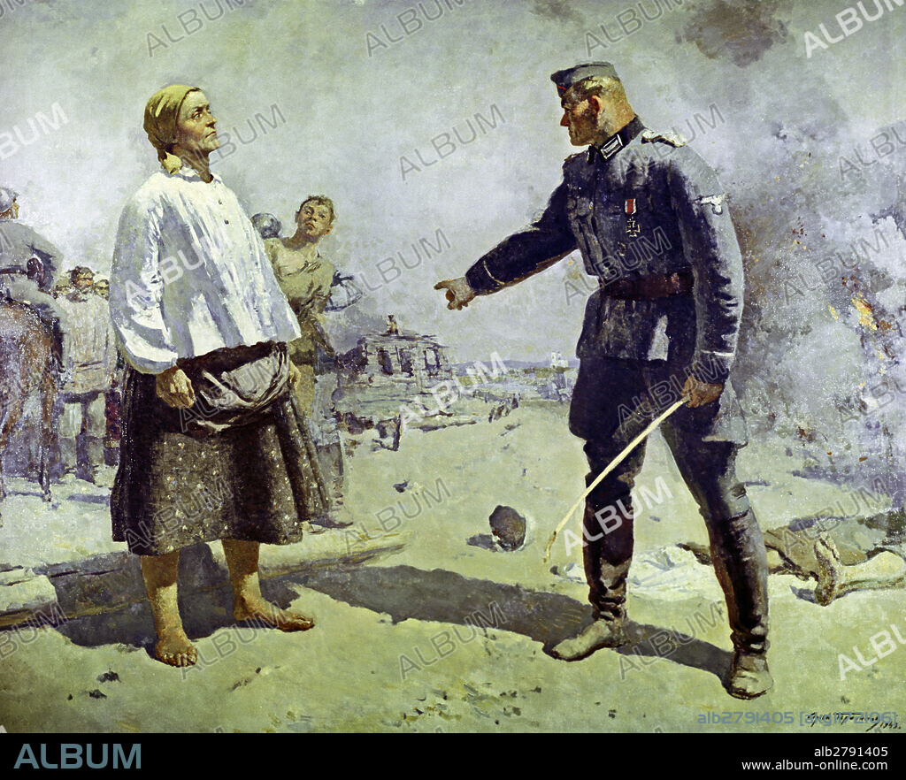 Reproduction of 'Partisan's Mother' painting by artist Sergei Gerasimov. from the funds of the State Tretyakov Gallery.