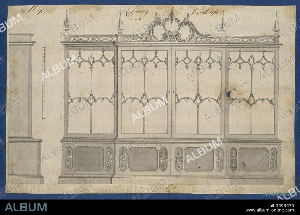 Library Bookcase, from Chippendale Drawings, Vol. II. Artist: Thomas Chippendale (British, baptised Otley, West Yorkshire 1718-1779 London). Dimensions: sheet: 8 13/16 x 13 1/2 in. (22.4 x 34.2 cm). Published in: London. Date: 1753.
Preparatory drawing for Thomas Chippendale's 'Gentleman and Cabinet Maker's Director'. Published in reverse as plate LXXIII in the 1754 and 1755 editions, and renumbered as plate XCVIII in the 1762 edition.