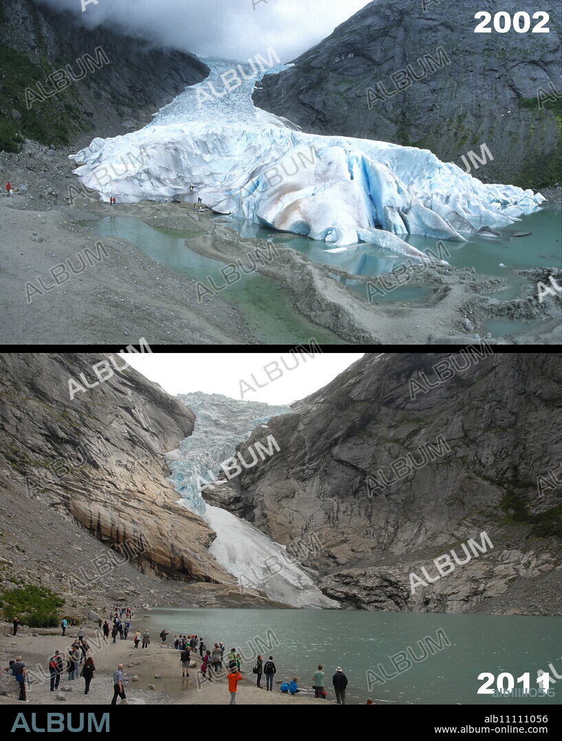 Retreat of Briksdal Glacier (Briksdalsbreen), western Josterdalsbreen, Olden, Norway, Scandinavia, Europe.