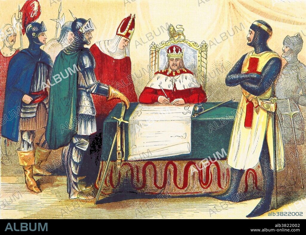Magna Carta (Great Charter) is a charter agreed by King John of England on June 15, 1215. First drafted by the Archbishop of Canterbury to make peace between the unpopular King and a group of rebel barons, it promised the protection of church rights, protection for the barons from illegal imprisonment, access to swift justice, and limitations on feudal payments to the Crown, to be implemented through a council of 25 barons. The charter became part of English political life and was typically renewed by each monarch in turn, although as time went by and the fledgling English Parliament passed new laws, it lost some of its practical significance. Magna Carta still forms an important symbol of liberty today, often cited by politicians and campaigners, and is held in great respect by the British and American legal communities. Chroniclers were mostly critical of John's performance as king, and his reign has since been the subject of significant debate and periodic revision by historians from the 16th century onwards. He remains a recurring character within Western popular culture, primarily as a villain in films and stories depicting the Robin Hood legends. Image taken from page 178 of "A History of England for the Young" by Henry Tyrrell, 1872.