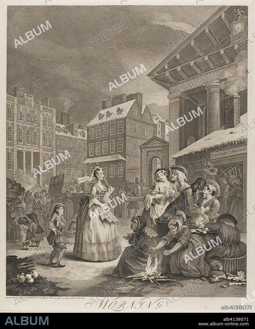 Morning, plate one from The Four Times of the Day. William Hogarth; English, 1697-1764. Date: 1738. Dimensions: 455 × 376 mm (image); 488 × 395 mm (plate); 660 × 495 mm (sheet). Etching and engraving in black on ivory laid paper. Origin: England.
