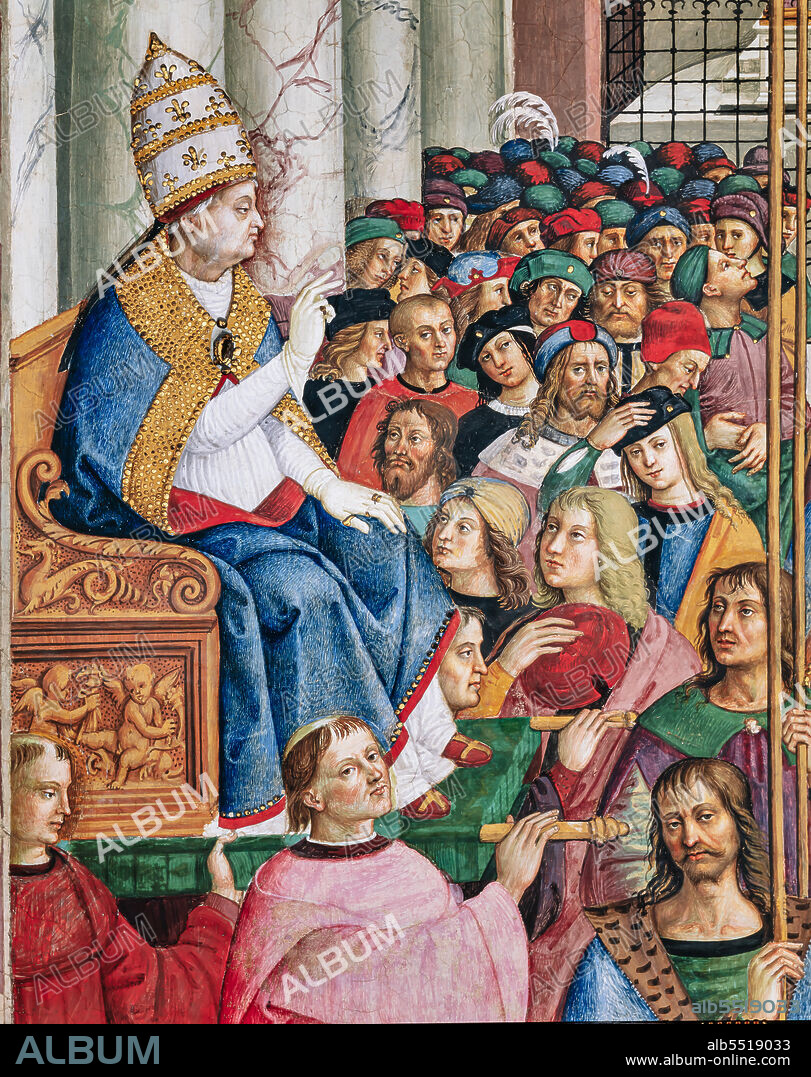 The Piccolomini Library, south west wall: Aeneas Sylvius, elected pope with the name of Pius II, enters St. Peters, September 3, 1458, the seventh one of the ten stories about Aeneas Sylvius Piccolomini, future Pope Pius II, (1503 - 1508), fresco by Bernardino di Betto, known as Pinturicchio. Detail of Aeneas Sylvius blessing the crowd from the gestatorial chair.