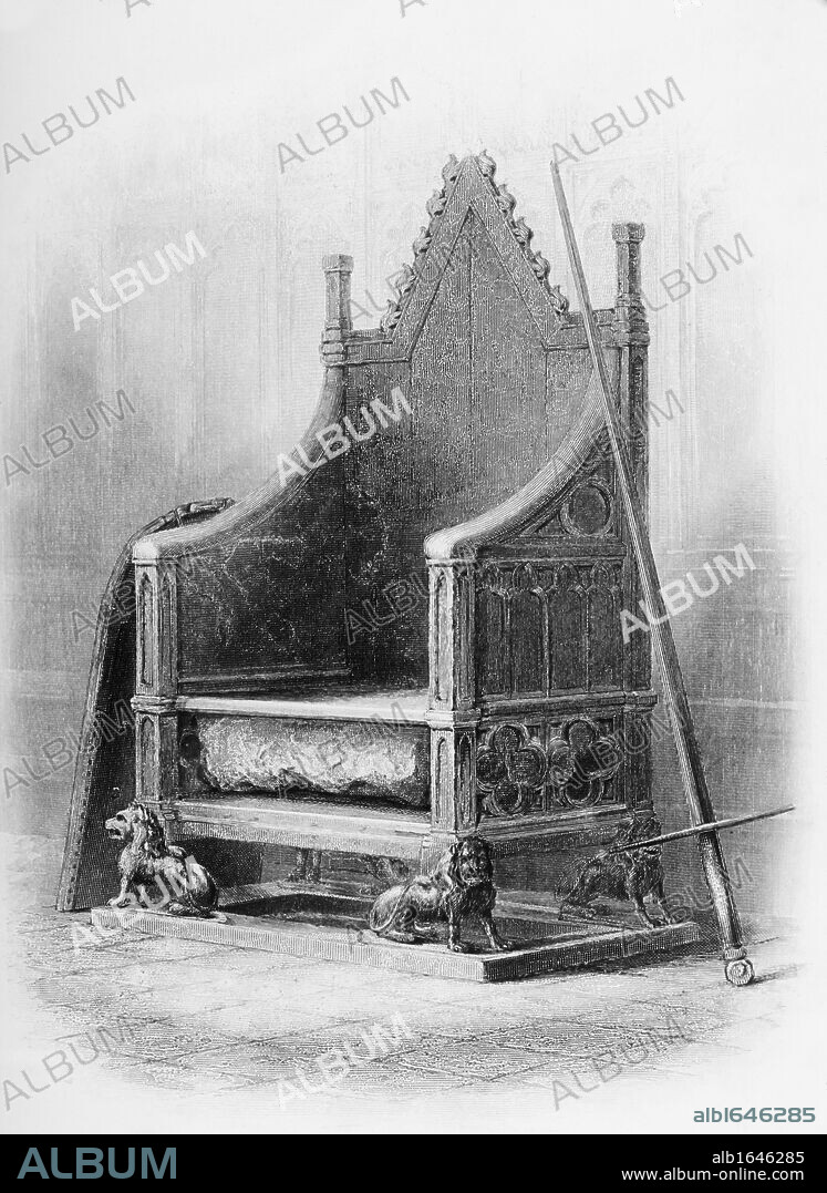 The Coronation Chair in Westminster Abbey. Made for King Edward I to enclose the famous Stone of Scone in 1300-l. From the book "The Queens of England, Volume I" by Sydney Wilmot. Published London circa. 1890.
