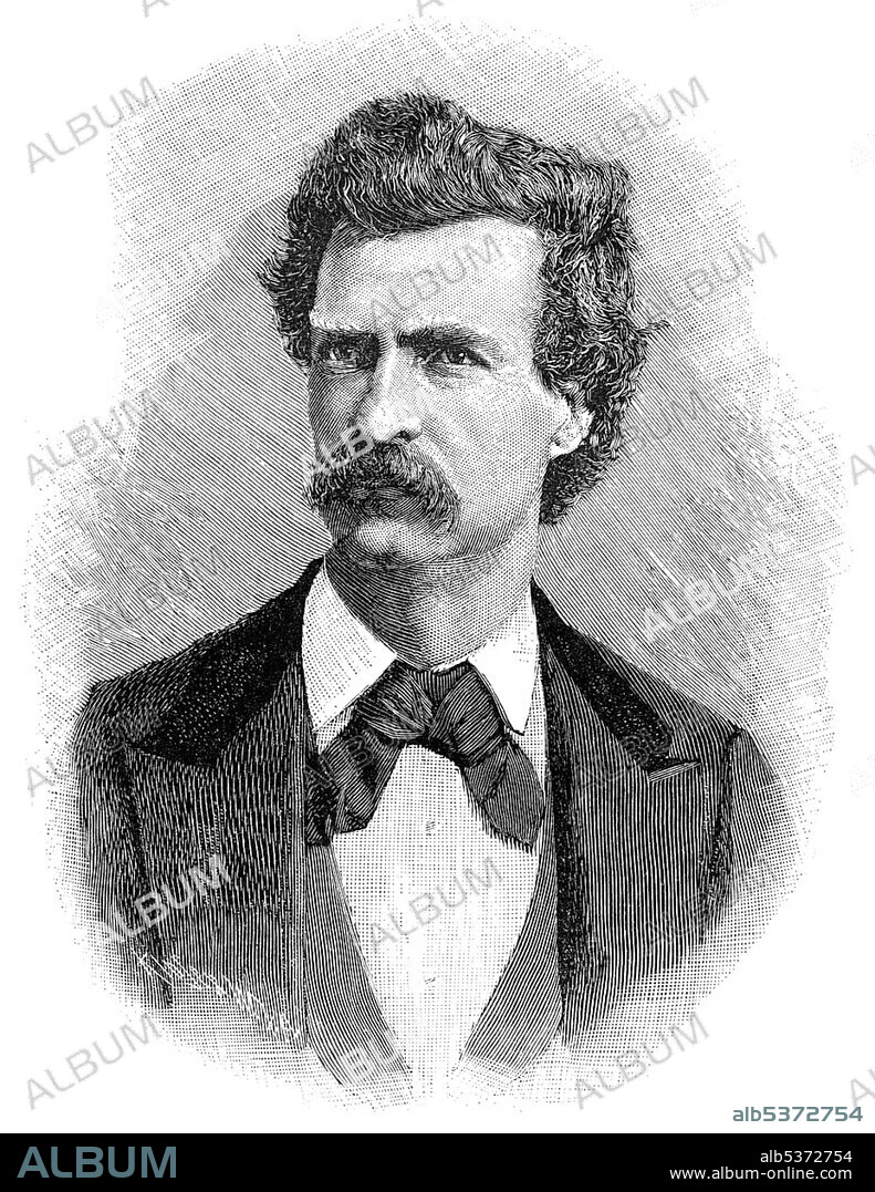 Historical engraving, 19th century, portrait of Samuel Langhorne Clemens or Mark Twain, 1835 - 1910, American writer, author of Adventures of Tom Sawyer and The Adventures of Huckleberry Finn