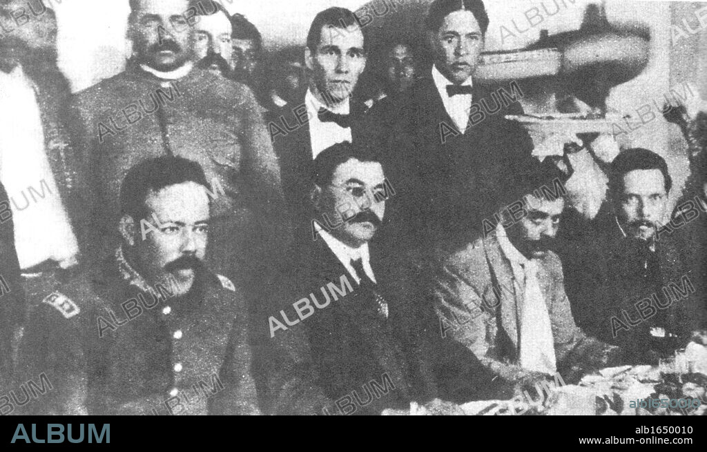Seated, from left to right, Pancho Villa, Eulalio Gutierrez, Emiliano Zapata and Felicitas Villareal.