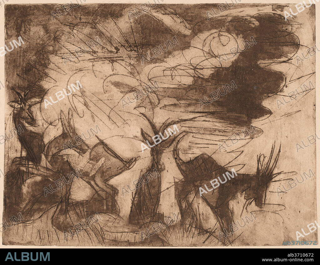 ERNST LUDWIG KIRCHNER. Goats and Clouds. Dated: 1919. Dimensions: image: 20 x 26.3 cm (7 7/8 x 10 3/8 in.)  sheet: 30.5 x 44.1 cm (12 x 17 3/8 in.). Medium: etching.