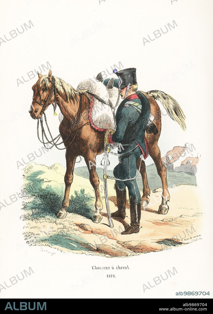 Uniform of the French Horse Chasseurs, 1st Regiment, 1812. In shako, green coat with red collar, cuffs and turnbacks, breeches and boots, armed with sabre. Mouton shabrack. Chasseur a cheval, 1812. Handcoloured woodcut by Andrew Best Leloir after an illustration by Hippolyte Bellangé from P.M. Laurent de lArdeches Histoire de Napoleon, Paris, 1840.