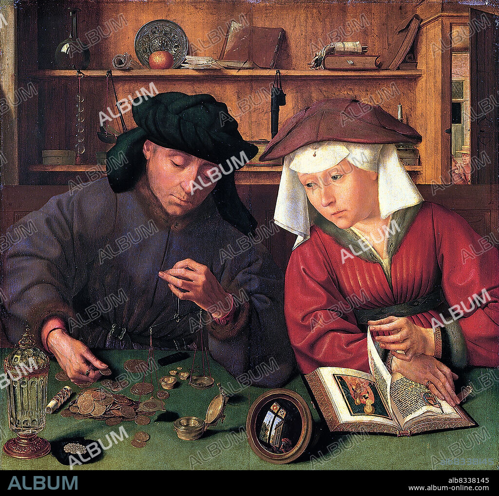 der Geldwechsler und seine Frau, 1514, nach einem Gem§lde von Quentin Massys / the moneychanger and his wife, 1514, after a painting by Quentin Massys, Historisch, historical, digital improved reproduction of an original artwork from the time / digital restaurierte Reproduktion einer Originalvorlage aus der damaligen Zeit, genaues Originaldatum nicht bekannt.