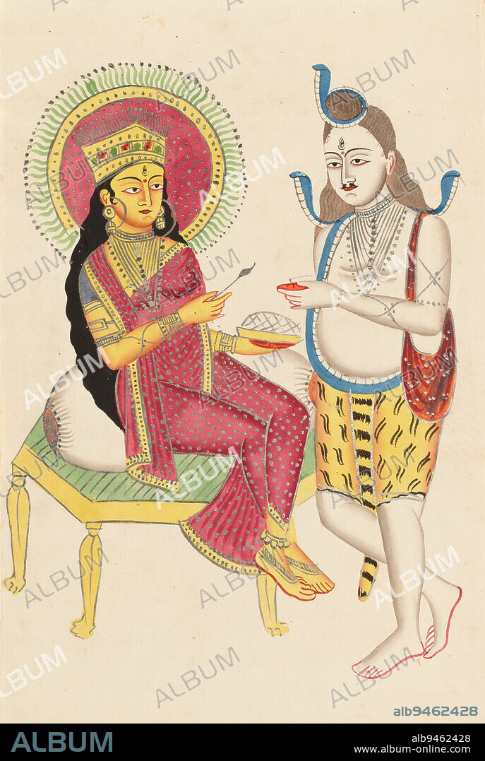 Annapurna Giving Alms to Shiva, 19th century, 17 3/4 x 11 1/16 in. (45.1 x 28.1 cm), Watercolor on paper, India, 19th century, The goddess of grains, Annapurna, offers food to her consort, Shiva. Annapurna is richly attired in a dotted red sari and crown, while Shiva stands in stark contrast to her finery with three coiled cobras twisted around his matted hair. A shoulder bag and tiger skin waistcloth identifies him as being in his mendicant form, and his palms are outstretched after receiving food.