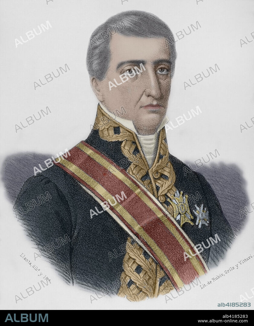 SANTIAGO LLANTA (FL. 1866-1872). FRENCH LITHOGRAPHER WHO WORKED IN SPAIN.. Pascual Enrile Acedo (Cádiz, 1772-Madrid, 1839). Militar, marino y gobernador colonial español. Participó en las guerras por la independencia de las colonias americanas. Retrato. Dibujo por Llanta. Litografía. Coloreada. Crónica General de España, Historia Ilustrada y Descriptiva de sus Provincias. Andalucía, 1867.