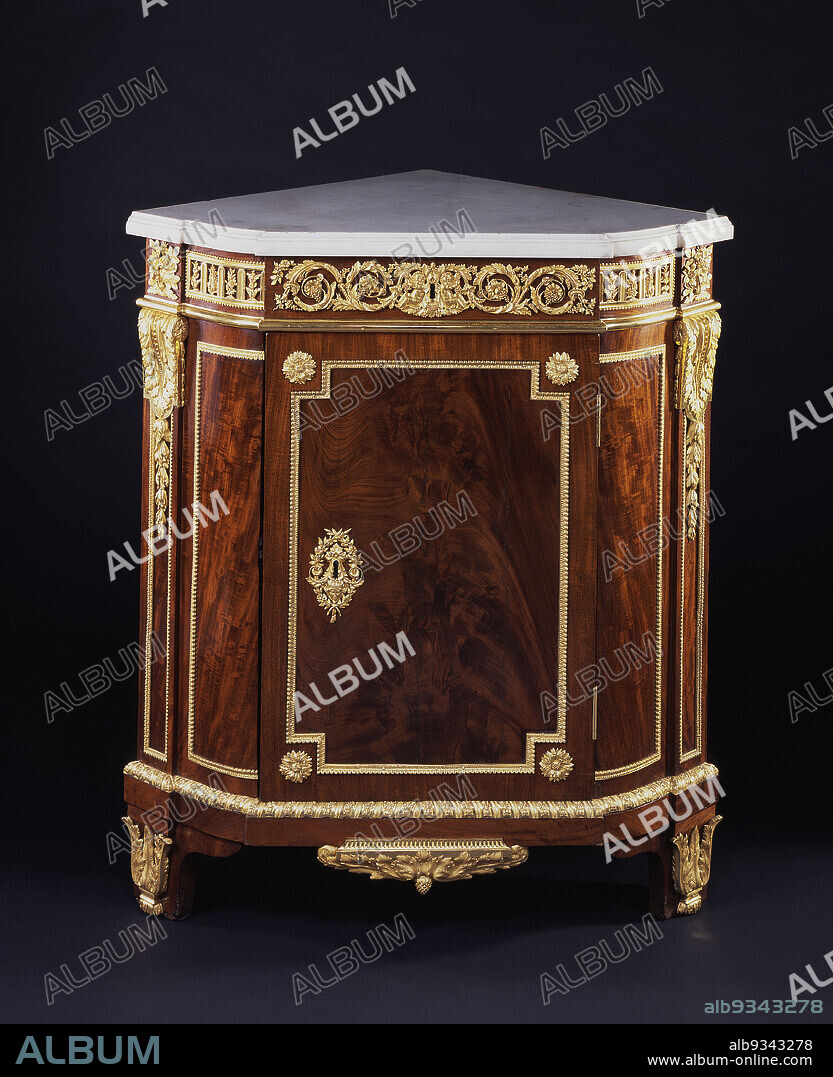Corner Cabinet, Jean-Henri Riesener, French (born Germany), 17341806, 1785, Mahogany, oak, and marble with gilded brass, Made in Paris, Île-de-France, France, Europe, Furniture, 36 13/16 x 35 1/4 x 22 1/16 in. (93.5 x 89.5 x 56 cm).